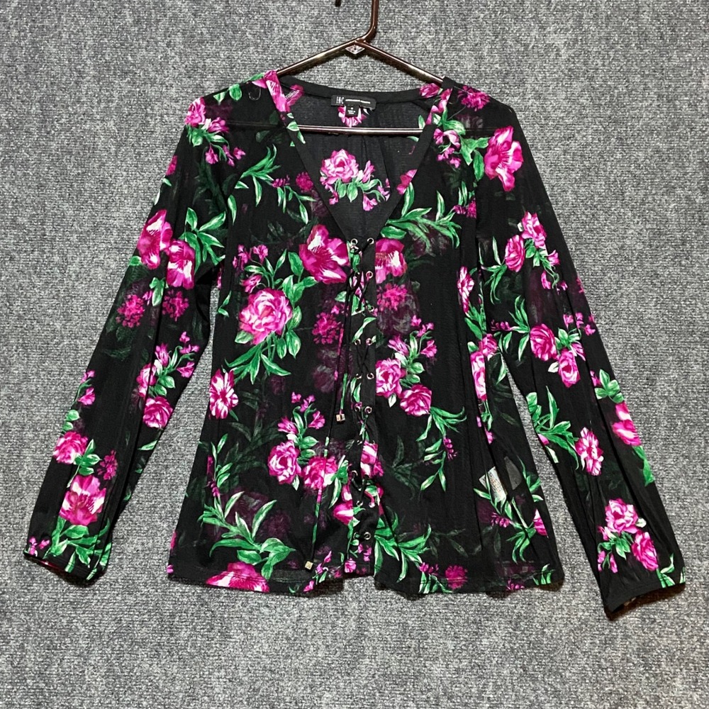 INC International Concepts Floral Mesh Lace Up Top Women's‎ M Black Pink V-Neck